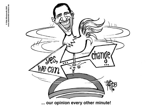 Barack, Hussein, Obama, Wahlkampf, USA, Yes we can, Change, Wetterhahn, Windrichtung, Meinungswandel. Stimmungswechsel, Mäntelchen nach dem Winde richten