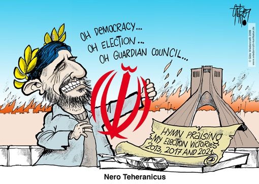 elections, Iran, Mahmoud Ahmadinedjad, Mir Hussein Mousavi, riots, brutality, violence, suppression, freedom of speech, Nero, flames, Bassidji, militia, Teheran, laurel wreath, election victory, guardian council, candidates, nomination, arbitrariness, dictatorship, lyrics