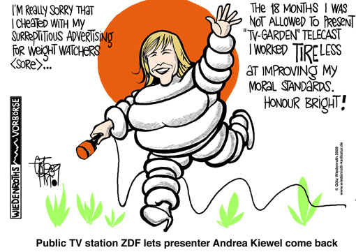 ZDF, Public tv station, GEZ, charge fees, surreptitious advertising, weight watchers, Andrea Kiewel, lie, deny, disavow, mutual trust, Markus Schaechter, re-entry, decency period