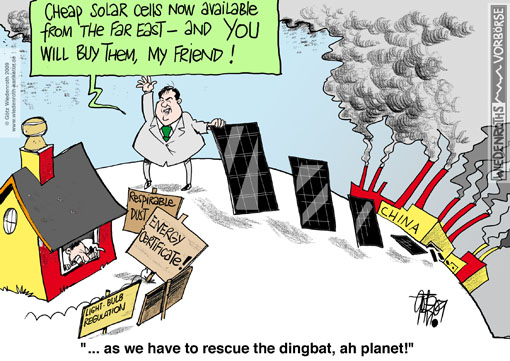 Solar cell, climate protection, climate fault, human influence, China, carbon emission, coal-fired power plant, air pollution, federal minister, environment, Sigmar Gabriel, chimneys, smoking, Germany, cartoon, caricature, Cost increase, cap and trade