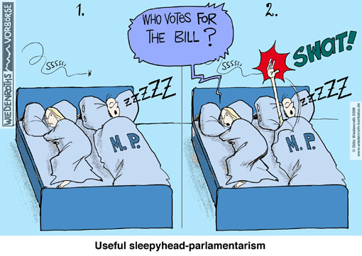 parlamentarism, members of parliament, competence, reading, law, bill, vote, whip, peer pressure, bedroom, midge, fly, buzzing, snoring, swat, raise, hand, by show of hands, Lisbon, treaty, European Union, summer recess, pushing through, rubberstamp, nodding through, Germany, cartoon, caricature