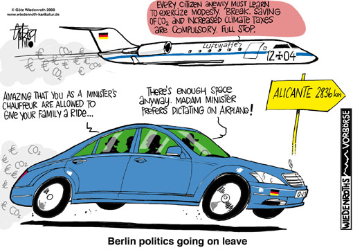 Ulla Schmidt, health care, minister, leave, official car, theft, driver, family, airplane travel, additional, waste, tax money, climate protection, hypocrisy, Alicante, official appointment, rental car, contradictions, white lie, Challenger, Luftwaffe, VIP unit, squadron, summer recess, carbon reduction, greenhouse effect, Germany, caricature, cartoon