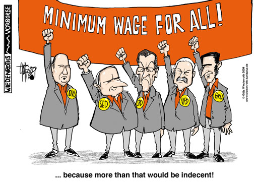 minimum wage, election, manifesto, DVU, Faust, NPD, Voigt, Gruene, Oezdemir, SPD, Muentefering, Linkspartei, Die Linke, PDS, SED, Lafontaine, Wiedenroth, Germany, caricature, cartoon