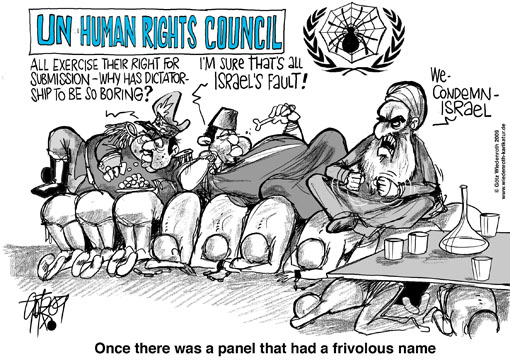 middle east, conflict, Israel, Palestine, Gaza, war, UNO, human, rights, council, denunciation, Israel, partisanship, Wiedenroth, caricature, cartoon