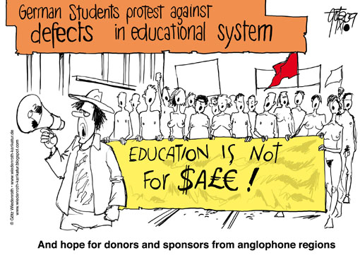 education, higher, school, university, knowledge, funding, Bachelor, strike, Bologna, students, Process, Europe, Master, degree, lack, defect, sponsor, donor, misery, tax money, conditions, study, performance, level, Wiedenroth, Germany, caricature, cartoon