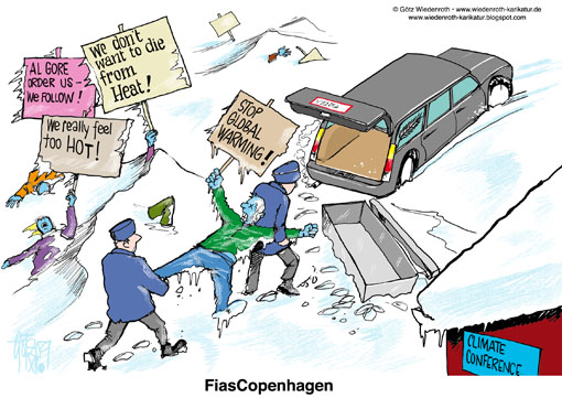 Copenhagen, summit, propaganda, marketing, trick, hoax, delusion, deception, sea level, rise, Globe, climate, protection, environment, greenhouse, gases, effect, Hockey stick, Michael Mann, CRU, climategate, CO2, dictatorship, energy prices, protesters, demonstrators, freeze to death,  hearse, global, warming, Wiedenroth, Germany, caricature, cartoon