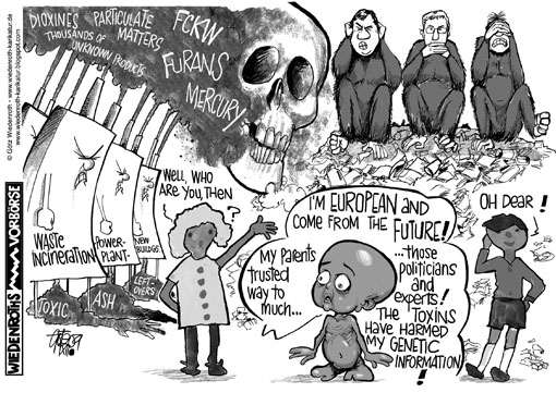 waste, incineration, power plant, environment, dangers, intoxication, FCKW, Furans, Toxic, ash, leftovers, particulate matters, Dioxines, Filter, Filtrate, Filter cake, dumpsite, genetic, information, quicksilver, mercury, monster, malformation, Wiedenroth, Germany, caricature, cartoon