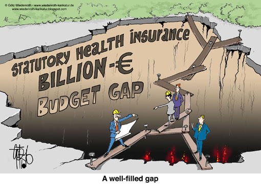 health insurance, compulsory, CHI, Deficit, health, supply, budget gap, repair, fill, switchyard, rate, contribution, Wiedenroth, Germany, caricature, cartoon