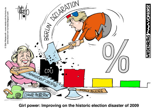 Merkel, Angela, Boehmer, Maria, CDU, Union, vote catching, updating, modernisation, Profile, soft, outline, fuzzy, diffuse, Berlin, declaration, immigrant, quota, election, result, 2009, , Disaster, decline, votes, percentage, climate, protection, family, policy, Wiedenroth, Karikatur, cartoon, Wiedenroth, Germany, caricature, cartoon