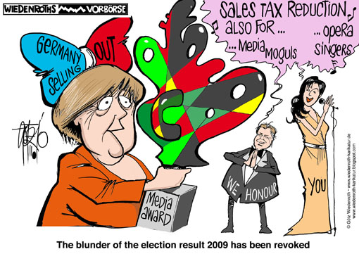 Merkel, federal chancellor, Netrebko, opera singer, Laudatio, media award, selling out, Lobbyism, Koegel, Media Control, media mogul, sales tax, reduction, Wiedenroth, Germany, caricature, cartoon