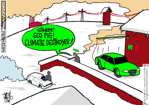car, individual, traffic, electricity, propulsion, Hybrid, climate protection, Global warming, greenhouse, gases, CO2, environment, eco, system, Morale, exhaust, Stinker, snow, Winter, cold, power plant, chimney, smoke, wire, recharging, electric motor, Wiedenroth, Germany, caricature, cartoon