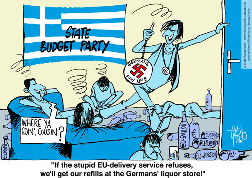 Europe, Greece, budget, emergency, waste, corruption, authority, civil, service, post, Reparation, claim, Germany, Party, cronyism, Wiedenroth, Germany, caricature, cartoon