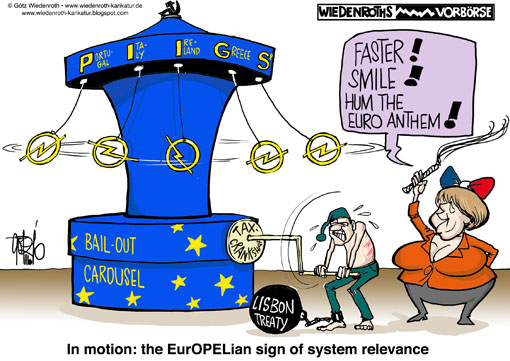 Europe, Greece, bailout, taxpayer, PIIGS, States, Portugal, Italy, Ireland, Greece, Spain, rescue, package, budget, emergency, national, bankruptcy, insolvency, Opel, Systemic, relevant, Wiedenroth, Germany, caricature, cartoon