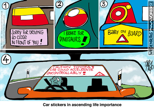 Toyota, callback, Gas, pedal, stuck, full, throttle, brakes, power train, mortal, danger, casualties, recall, technical, failure, James, Sikes, San Diego, Interstate, Highway, sticker, Wiedenroth, Germany, caricature, cartoon