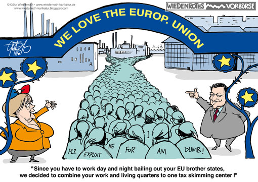 Manuel Barroso, EuropE, Commission, President, EU, Union, Angela Merkel, FEDERAL, chancellor, work, living, combine, GuLAG, KZ, KL, Greece, Bankruptcy, bailout, taxpayer, Wiedenroth, Germany, caricature, cartoon