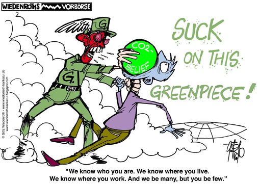 Greenpeace, climate, change, global, warming, greenhouse, effect, eco, fascism, rescue, weblog, Wiedenroth, Germany, caricature, cartoon