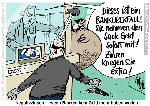 Euro; Waehrung; Eurorettung; EZB; Draghi; ESM; Europa; EUdSSR; Bankenrettung; Bankenkrise; EFSF; EFSM; Bankueberfall; Bankraeuber; Nadelstreifen; Anzug; Bankraub; Kriminalitaet; Negativzinsen; Bargeld; Abschaffung; Verwahrentgelt; Karikatur; 2016; cartoon; Germany; Allemagne