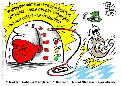 Wahlkampf; Wahlwerbung; Plakat; SPD; Bayern; Landtagswahl; Scholz; Kanzleramt; direkter; Draht; Kanzleramt; Energiewende; Elektroantrieb; Generator; Kurzschluss; Stromschlag; Karikatur; 2023; cartoon; caricature